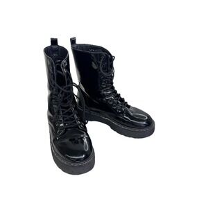 UniLady Black  Patent Leather Combat Boots Size 8.5 Pre-Owned Grunge Y2k‎ Goth